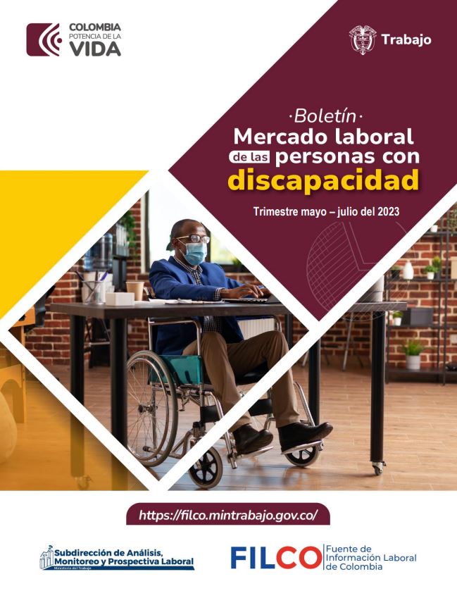 Boletín: Mercado laboral de las Personas con discapacidad. Trimestre mayo-julio del 2023.
En la imagen un hombre afro en silla de ruedas frente a un computador portatil.